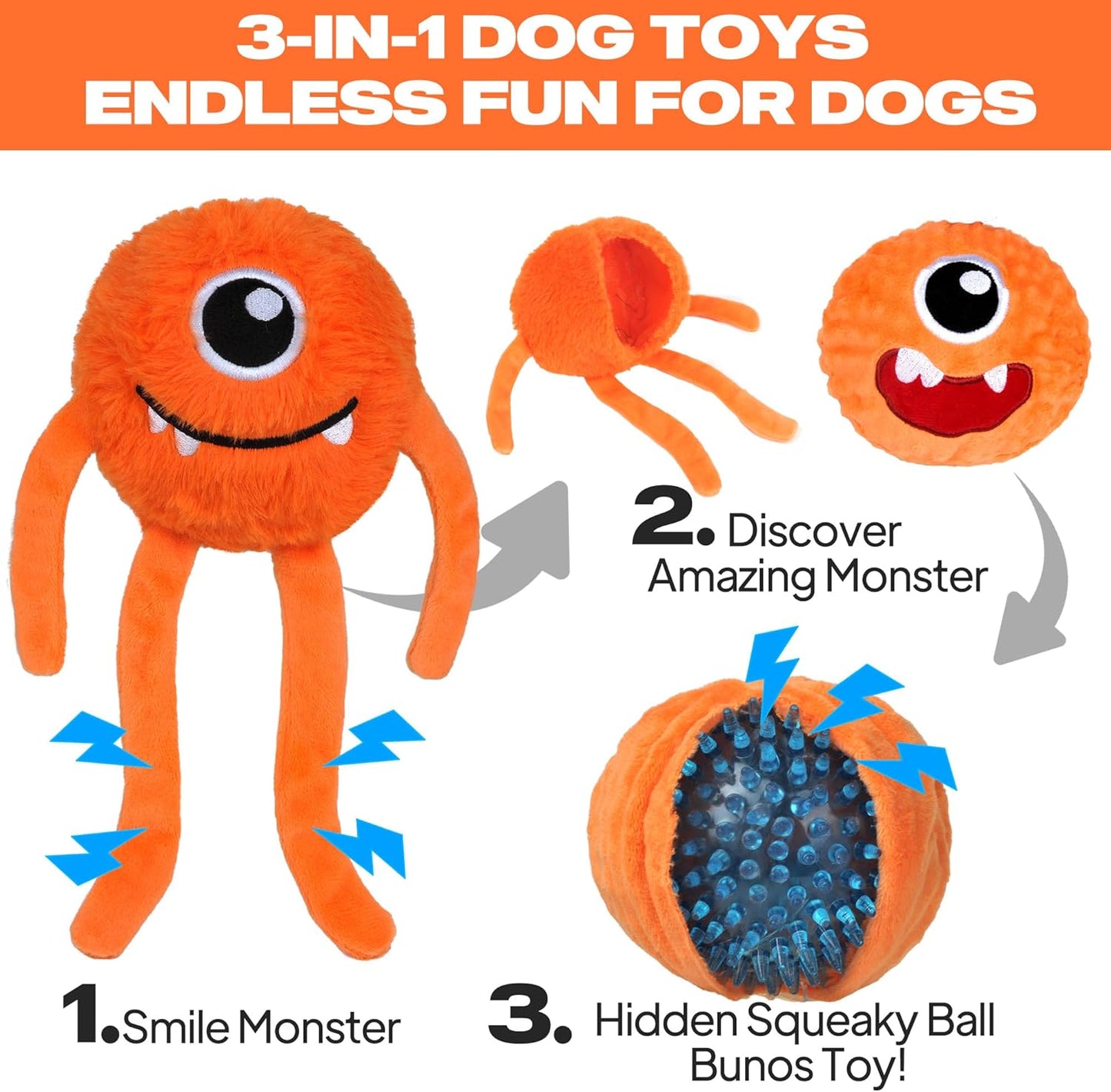 Fida Dog Chew Toys for Aggressive Chewers(3in1), Squeaky Dog Toys for Large Dogs, Interactive Dog Toys to Keep Them Busy, Dog Ball for Small, Medium and Large Dogs(Orange)