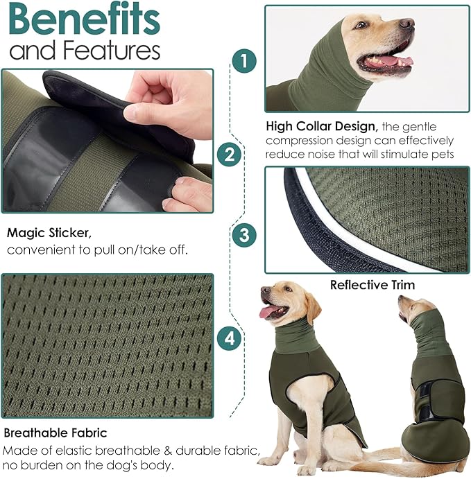 AOFITEE Dog Anxiety Vest, Dog Anxiety Calming Hoodie, Pet Thunder Jacket Calming Shirt for Fireworks, Thunder, Travel, Separation, Noise Block & Ear Protection Recovery