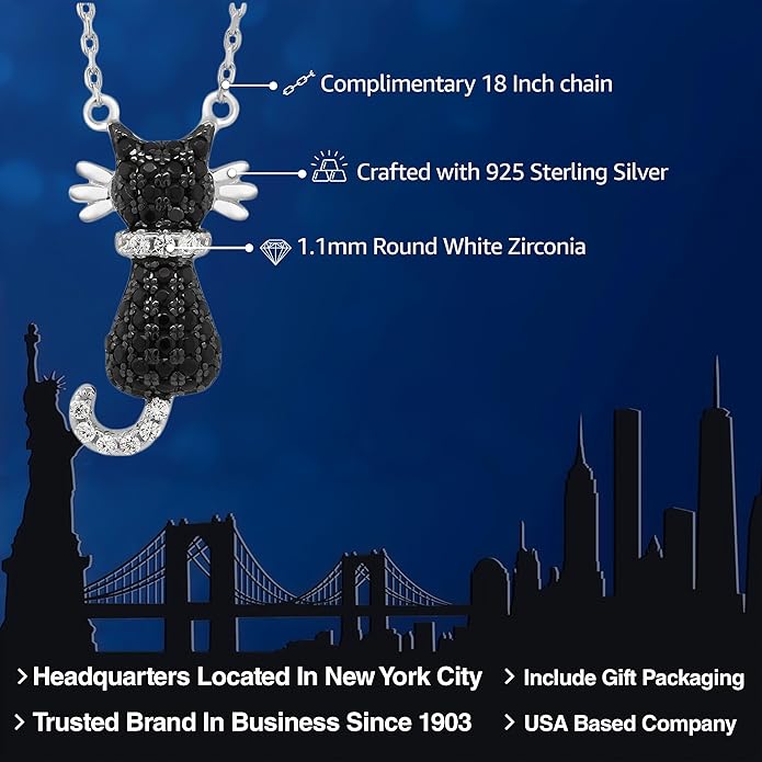 Gem Stone King 925 Sterling Silver Round Zirconia Sitting Black Cat Pendant Necklace For Women with 18 Inch Silver Chain