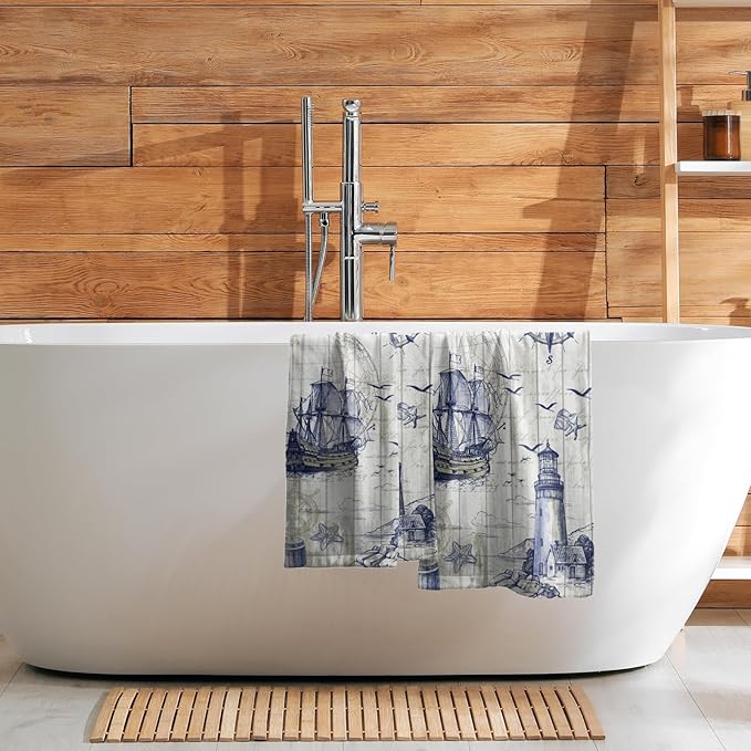 Giwawa Nautical Lighthouse Hand Towels Set of 2 Sailboat Anchor Decorative Bath Towels Kitchen Dishcloth Soft Face Towel for Home Gym Hotel Spa