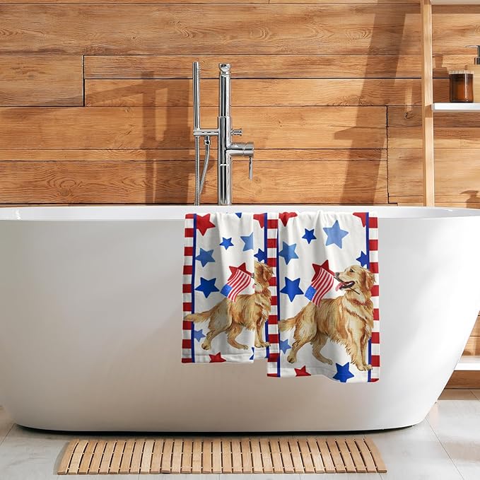 Giwawa Patriotic Dog Wood Hand Towels Set of 2 American Flag Kitchen Dish Towel 4th of July Absorbent Bath Face Towels for Home Hotel Bathroom