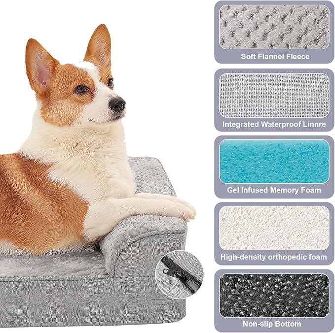 Orthopedic Dog Beds for Large Dogs, Memory Foam Dog Beds Large Sized Dogs, Washable Removable Cover, Nonskid Bottom, Waterproof, for Indoor, Outdoor, Crate ＆ Car Use, 41x27x6 Inches, Light Grey