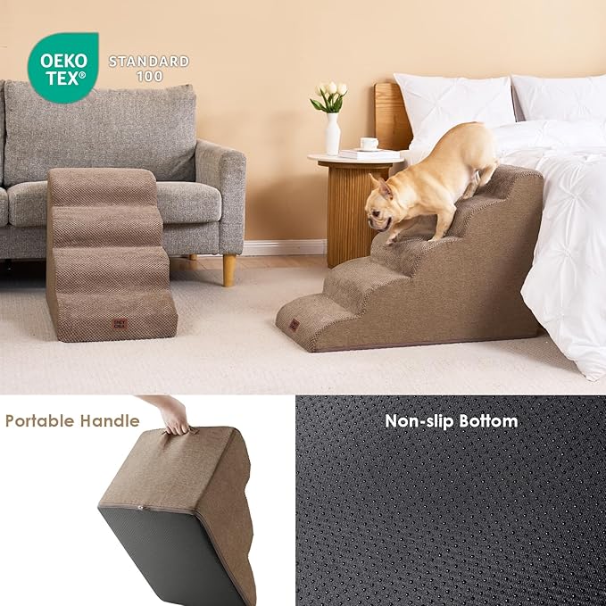 EHEYCIGA Curved Dog Stairs Ramp for High Beds 22.6" H, 5-Step Dog Steps for Small Dogs and Cats, Pet Stairs for High Bed Climbing, Non-Slip Balanced Pet Step Indoor, Camel