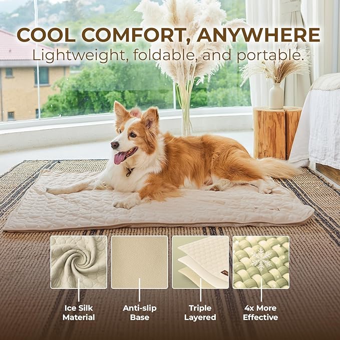 Pelsbarn Dog Cooling Mat- Ice Silk Summer Comfort, Self Cooling, Non-Slip Dog Pad, Durable & Washable, Mat for Extra Large Dogs 33"" x 45"", Support Shelter Dogs with Every Purchase (Beige)