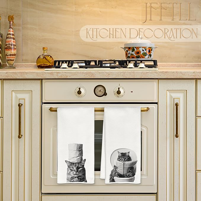 Funny Toilet Newspaper Cat Bathroom Hand Towels, Cat Mom Lady Lovers Gifts, Cute Kitty Kitten Hand Towels for for Bathroom Washroom Restroom Decor, 16x24 Inch Set of 2