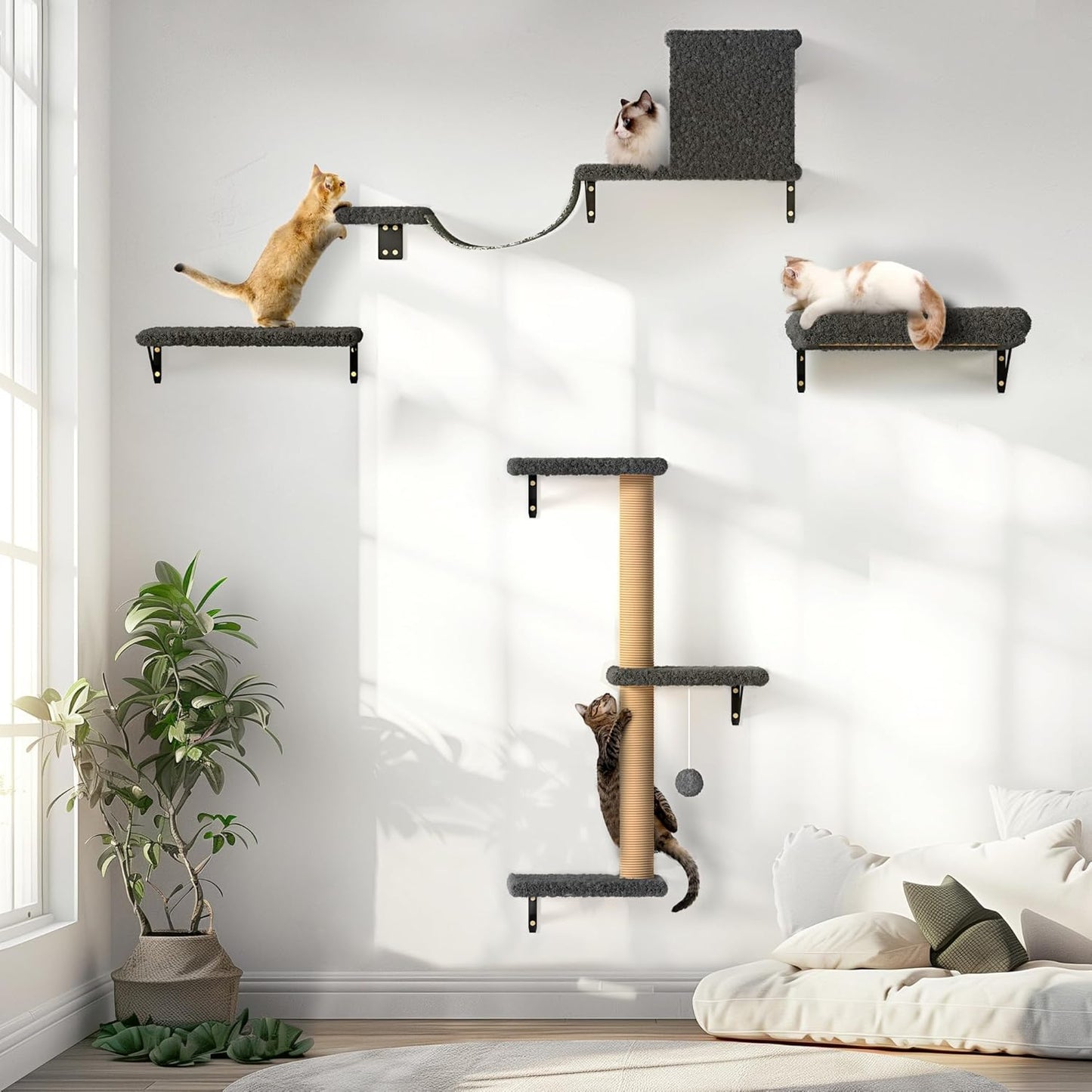 FUKUMARU Cat Wall Shelves, Stable & Safe 4 in 1 Cat Furniture Set, Wooden Climbing Wall with Scratching Post for 16 Inch Drywall - Gray