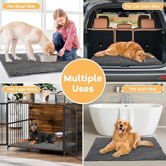 Absorbent Dog Door Mat for Muddy Paws, 120" x 36" Chenille Indoor Mats for Entryway, Trap Dirt Front Door Mat Indoor Entrance Washable Non Slip Soft Dark Grey