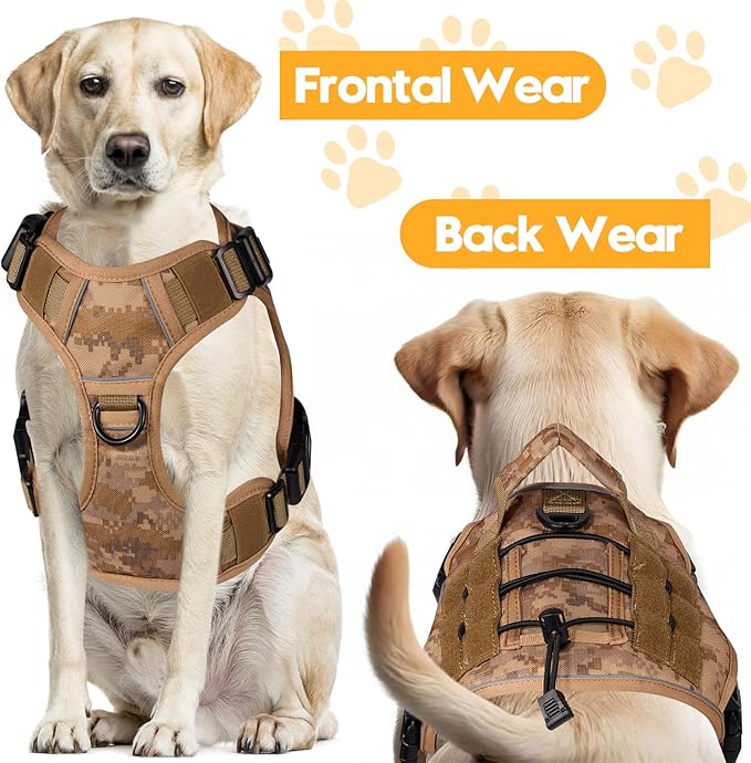 Heavy-Duty Tactical Dog Harness for Large Dogs, No Pull Adjustable Reflective Pet Vest with Molle System, K9 Military-Grade Control for Service Training, Outdoor & 10+ Breeds, Khaki Camo, Medium