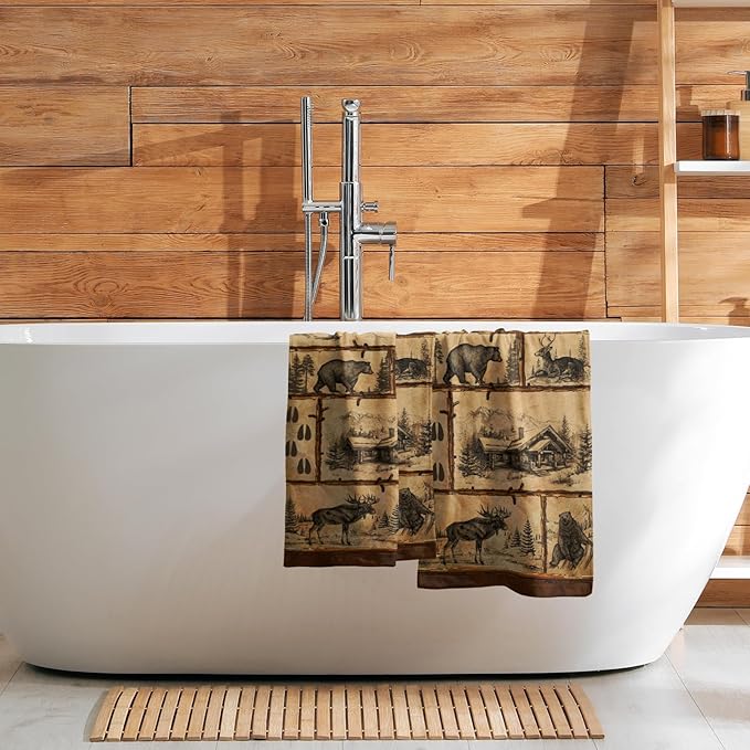 Giwawa Vintage Bear Deer Hand Towels Set of 2 Forest Cabin Face Bath Fingertip Towel Soft Absorbent Dish Wash Cloth Kitchen Bathroom Home Decor