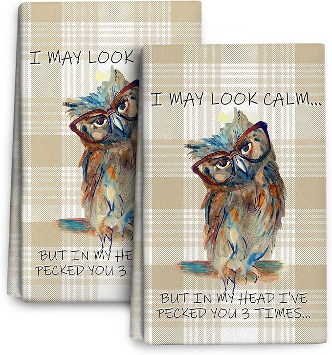 Funny Owl Kitchen Dish Towels Decorative Set of 2, Absorbent Cute Buffalo Plaid Tea Hand Towels for Kitchen Farmhouse Housewarming Bar Cooking Baking Drying Decor Owl Lover Gift
