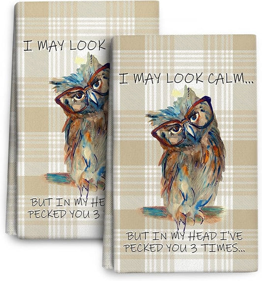 Funny Owl Kitchen Dish Towels Decorative Set of 2, Absorbent Cute Buffalo Plaid Tea Hand Towels for Kitchen Farmhouse Housewarming Bar Cooking Baking Drying Decor Owl Lover Gift