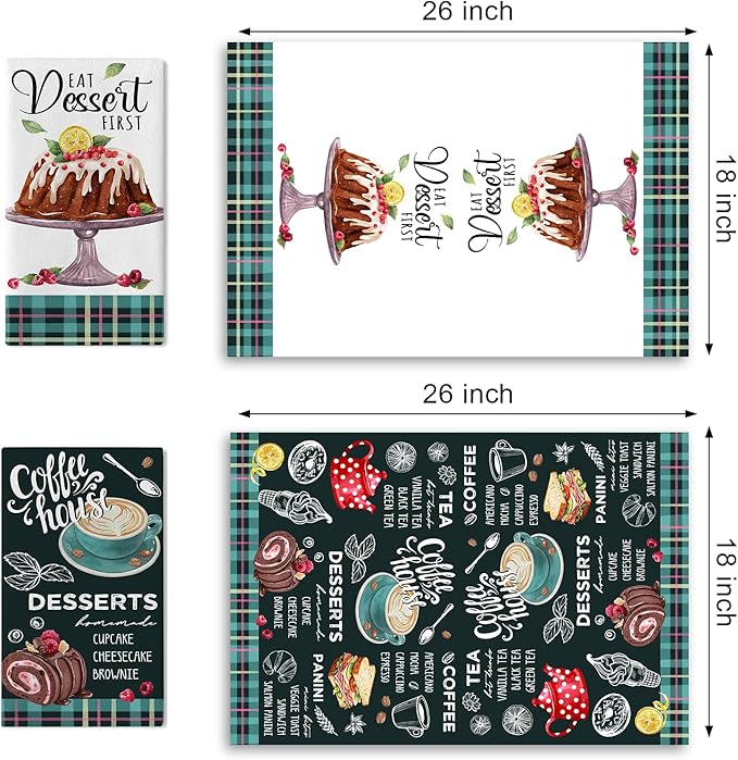 Eat Dessert First Kitchen Dish Towels Set of 2, Coffee House Drying Hand Towels Cupcake Cheesecake Brownie Baking Cooking Cloth, Plaid Farmhouse Home Kitchen Decoration 18 x 26 Inch