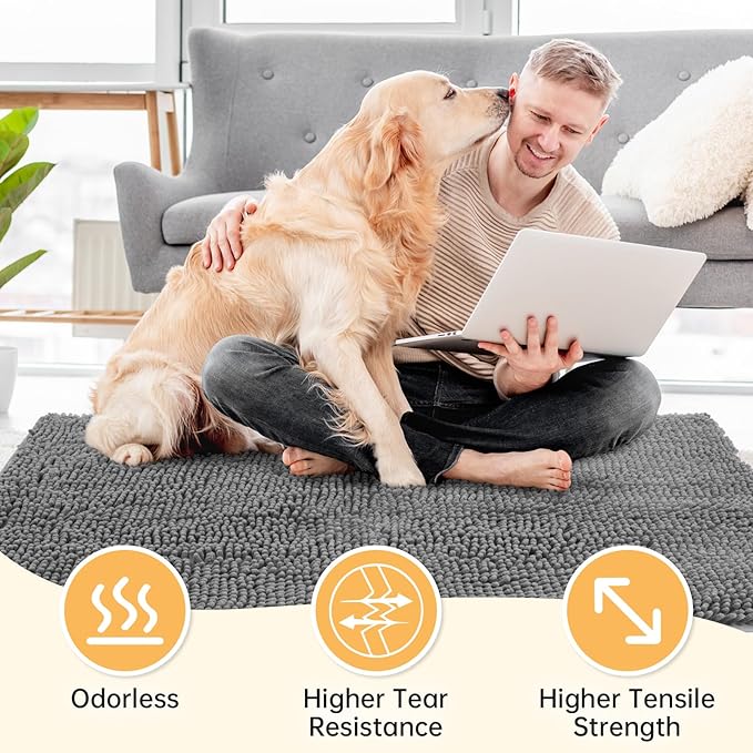 Absorbent Dog Door Mat for Muddy Paws, 48" x 30" Chenille Indoor Mats for Entryway, Trap Dirt Front Door Mat Indoor Entrance Washable Non Slip Soft Light Grey