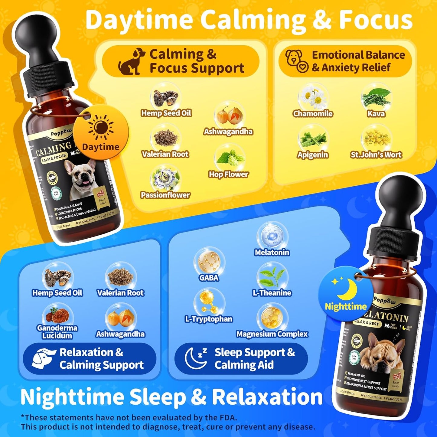 Hemp & Melatonin Calming Drops for Dogs – Day & Night Calming Treat for Anxiety Relief, Stress, Aggression, Separation, Relaxation & Sleep Aid, Bacon Flavor, 2 FL Oz
