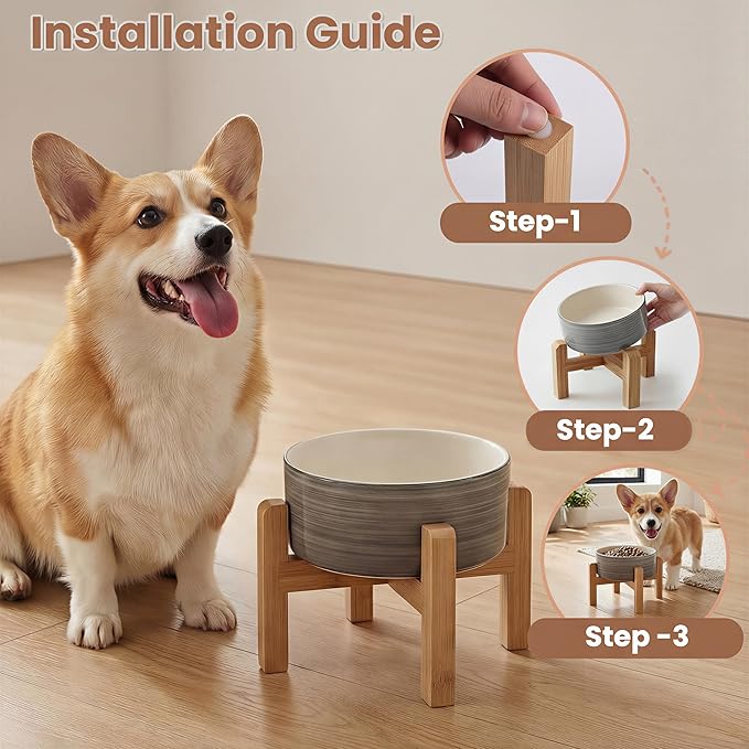 hjn Elevated Ceramic Dog Bowl with Bamboo Stand, Raised Pet Feeding Station for Small Medium Dogs Cats, Modern Design with Anti-Slip Base (White Gray, 3.6Cup)