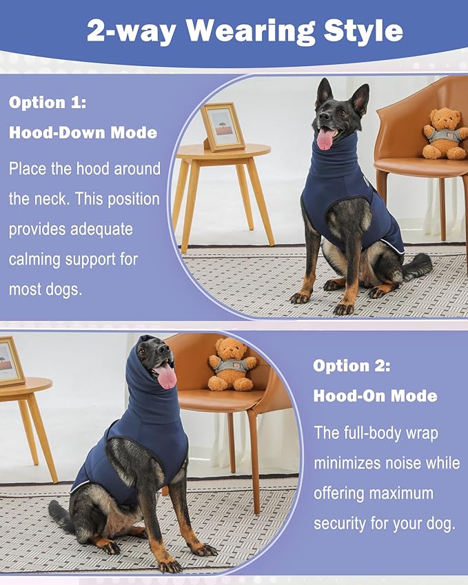 Dog Anxiety Vest with Hood, Skin-Friendly Thunder Jacket for Dogs, All-in-One Dog Calming Shirt with Hood for Thunder, Fireworks, Separation - Keep Pet Calm Without Medicine, Dark Blue, XS