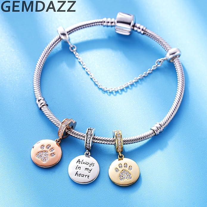 GEMDAZZ Sparkling Puppy Paw Print Charms in 925 Sterling Silver, Pave Dog Pawprint CZ Round Beads and Always in My Heart Charms, Gift for Animal Lover, fit European Women Bracelet/Necklace