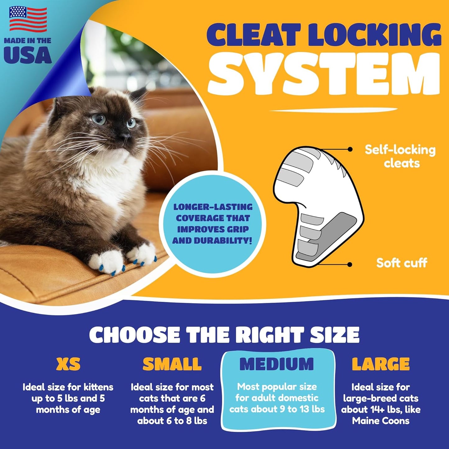 Soft Claws Cat Nail Caps for Medium Cats – (40 Caps, Blue & Gold) - Made in USA - Veterinarian-Developed | Protects Furniture & Skin - Easy to Apply, Long-Lasting Anti-Scratch Soft Cat Claw Covers