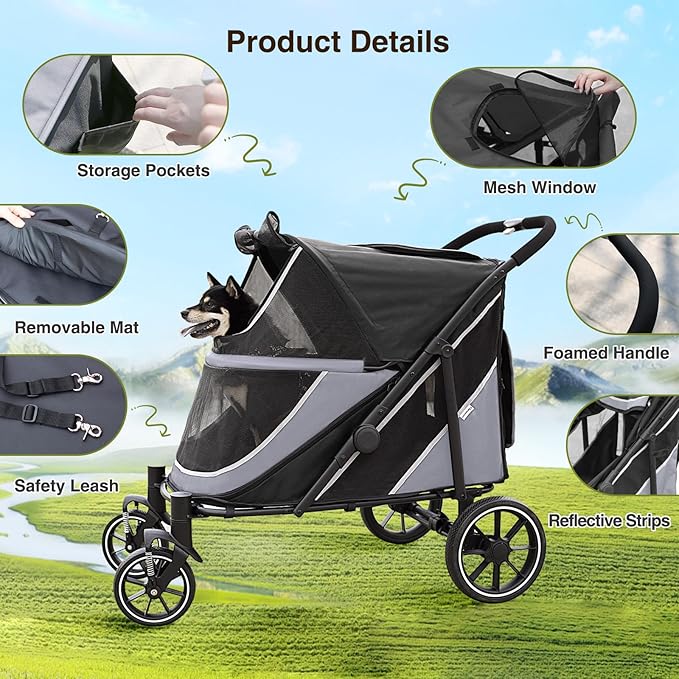 Dog Stroller for Medium/Large Dogs One-Click Folding, Extra Large Pet Stroller for 2 Dogs with Storage Pocket & Shock Absorption, Up to 130 lbs, Grey