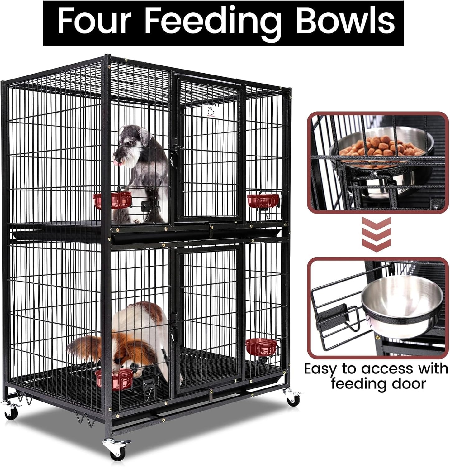 Homey Pet Two Tiers 37 Inch Dog Crate Cage Kennel with Feeding Door and Bowls, Lockable Wheels and Removable Tray, Escape Proof Metal Wire Heavy Duty Dog Crates for Medium/Small Sized Dogs (3 Pack)
