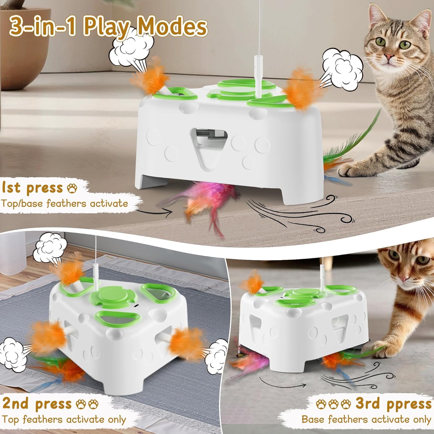 3-in-1 Interactive Cat Toys for Indoor Cats,Automatic Kitten Toy,Flying Bird,6 Holes Mole,Rotating Feather, Rechargeable USB Interactive Cat Feather Toys for Bored Indoor Cats