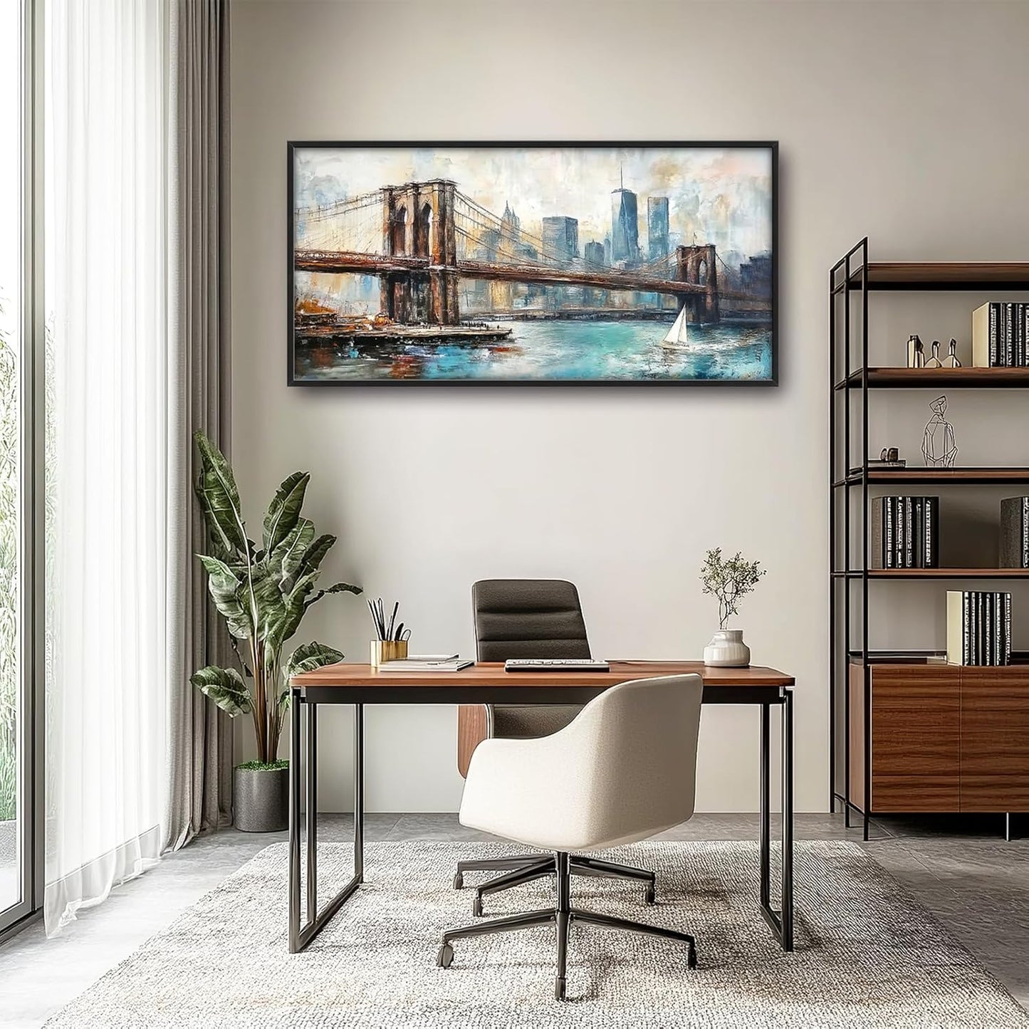 Extra Large Framed Brooklyn Bridge Wall Art,New York City Wall Decor,Abstract Skyline Cityscape Pictures for Living Room,Canvas Print Painting Modern Artwork Bedroom Office Bathroom 60L x30W