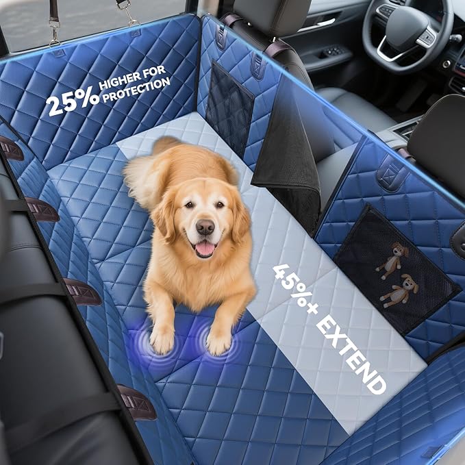 Hard Bottom Car Seat Cover for Dogs, PU+Plush Dog Car Seat Cover for Back Seat, Waterproof Backseat Extender for Dogs in Car (Navy Blue, L - Cars, Small/Mid-Size SUVs & Trucks)