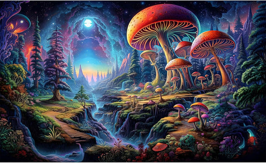 Forest Aquarium Background Fantastic Cartoon Forest Landscape with Mushrooms and Flowers Terrarium Background Fantasy Pine Tree Mysterious Mushroom Theme Fish Tank Backdrop Poster Decor 48x20in