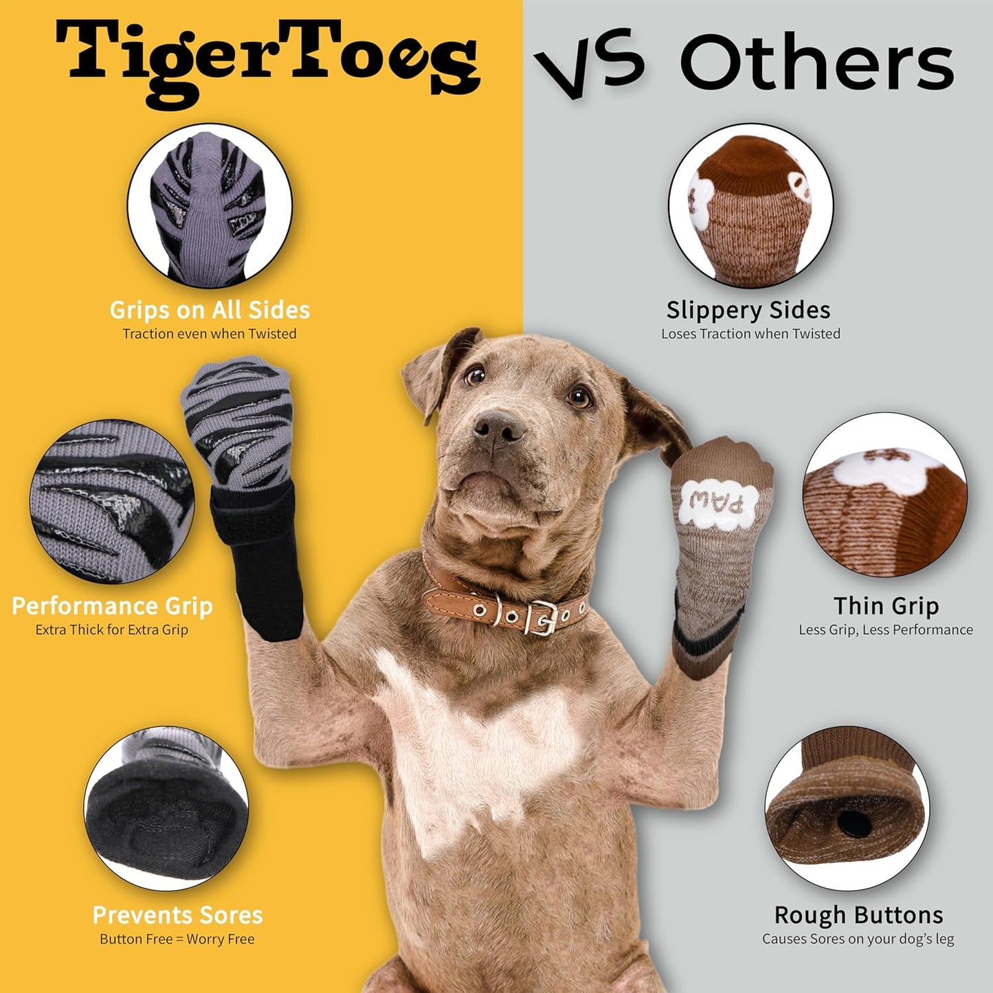 DOK TigerToes Premium Non-Slip Dog Socks for Hardwood Floors - Extra-Thick Grip That Works Even When Twisted - Prevents Licking, Slipping, and Great for Dog Paw Protection (XXS)