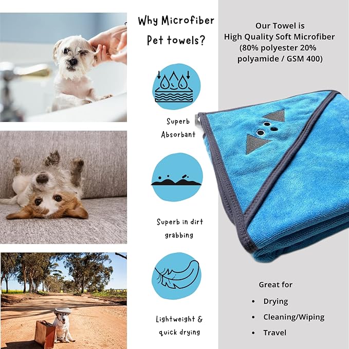 Penny & Niko Multi Purpose Microfiber Pet Towel and Mitt Set - Cat, Dog Drying Towel/Hooded Robe and Paw Cleaning Gloves - 30x30 inches - Blue/Gray Set
