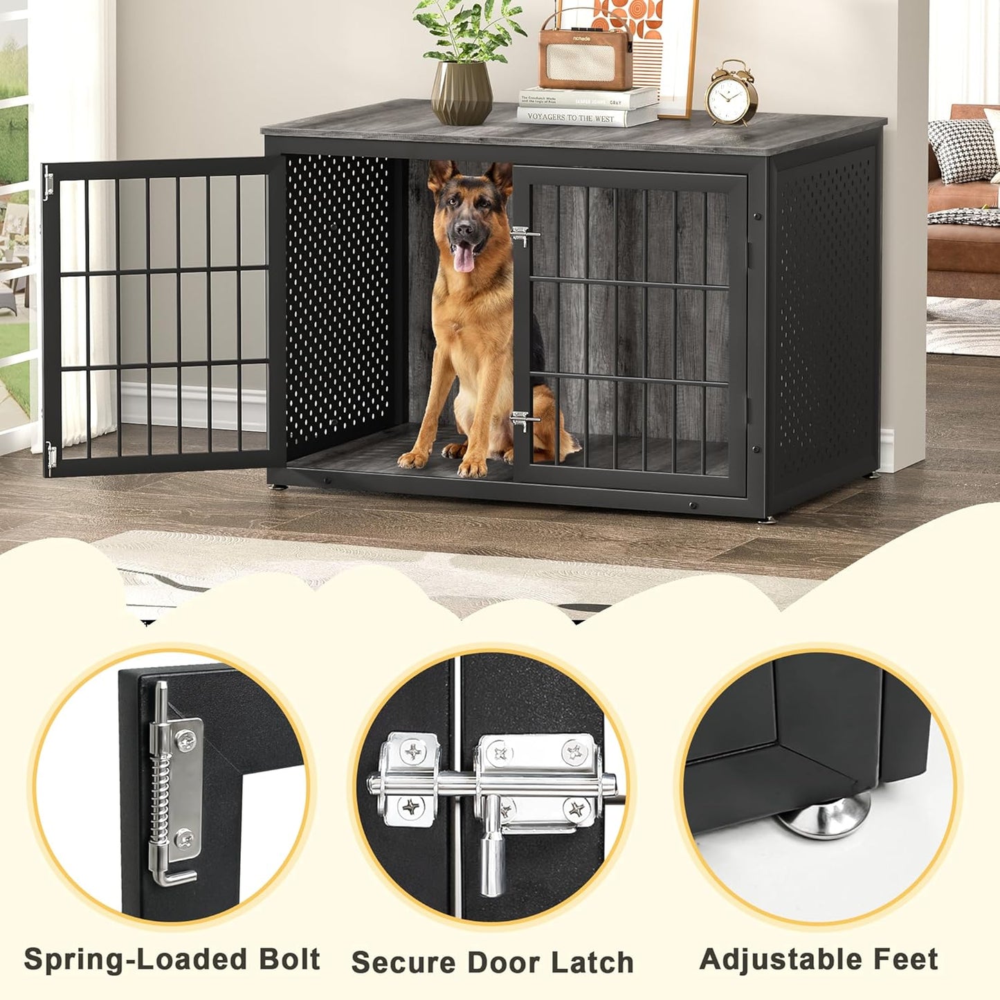 48" Heavy Duty Dog Crate Furniture for Extra Large Dogs, Metal Cage for High Anxiety Dogs, Wooden Kennel Furniture Indoor, Decorative Dog Kennel End Table, XL