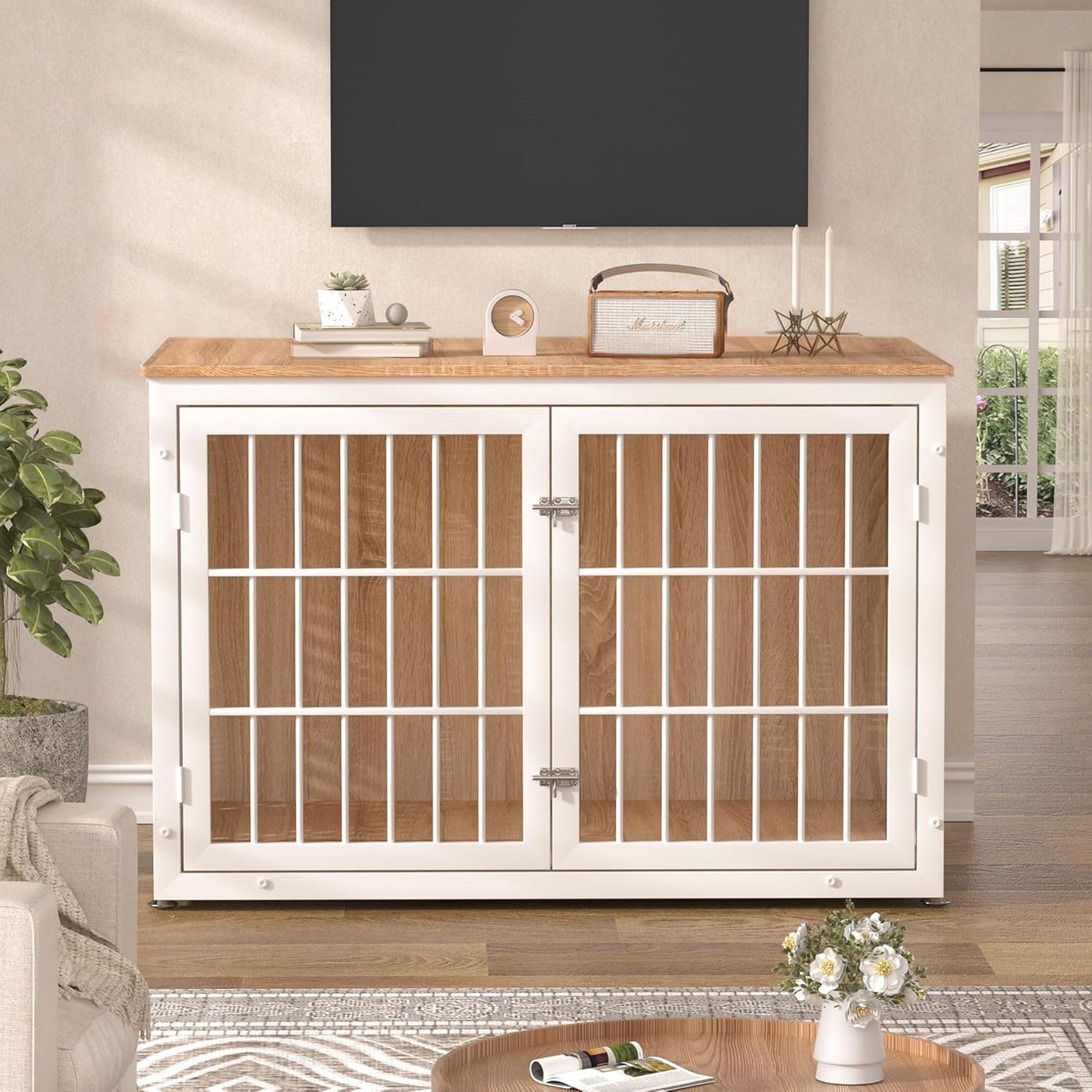 48" Heavy Duty Dog Crate Furniture for Large Dogs, Metal Kennel for High Anxiety Dogs, White Wooden Cage Furniture Indoor, Decorative Dog Kennel End Table, XL