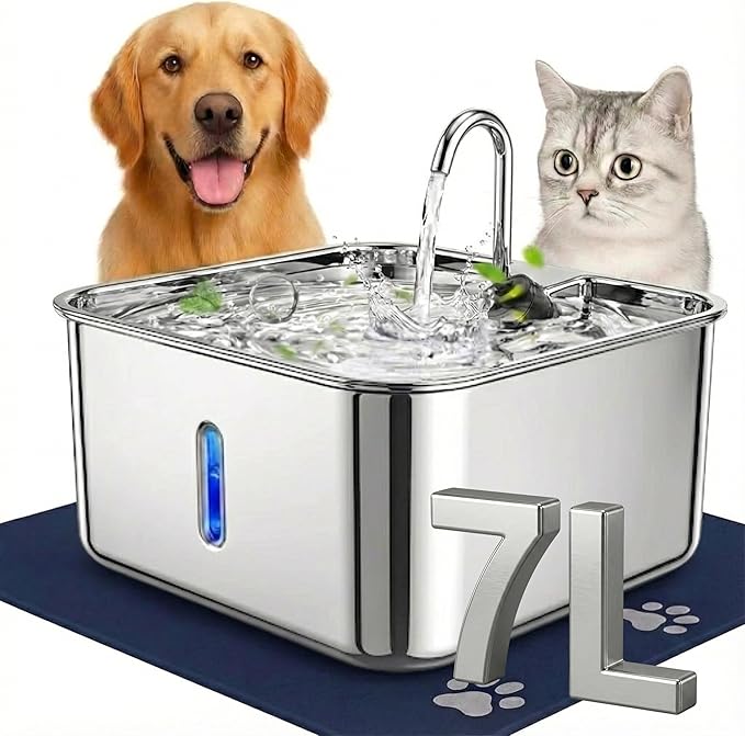RMH 7L Stainless Steel Dog & Cat Water Fountain with Large Waterproof Mat – Automatic Pet Drinking Fountain for Large Dogs & Multi-Pet Homes, Quiet Pump, 3-Stage Filtration, LED Water Window