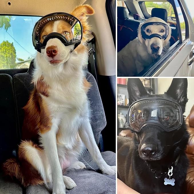 Dog Sunglasses UV Protection Clear Dog Goggles Windproof Glasses with Elastic Straps for Medium-Large Breed, Black Frame + Clear Lens
