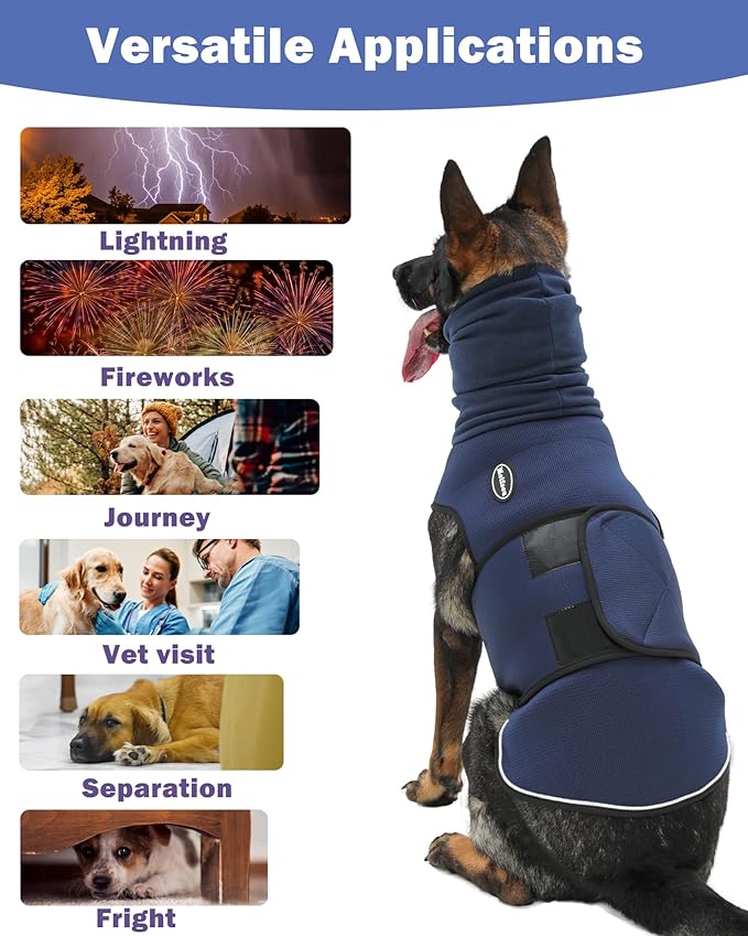 Dog Anxiety Vest with Hood, Skin-Friendly Thunder Jacket for Dogs, All-in-One Dog Calming Shirt with Hood for Thunder, Fireworks, Separation - Keep Pet Calm Without Medicine, Dark Blue, 3XL