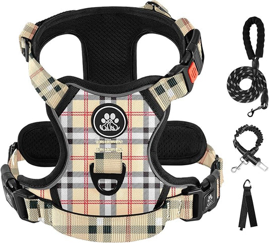 IVY&LANE No Pull Dog Harness with Leash Set, Reflective No Choke Pet Vest,Adjustable Oxford Dog Vest Harness with Easy Control Handle for Small Dogs (Checkered Beige,S)