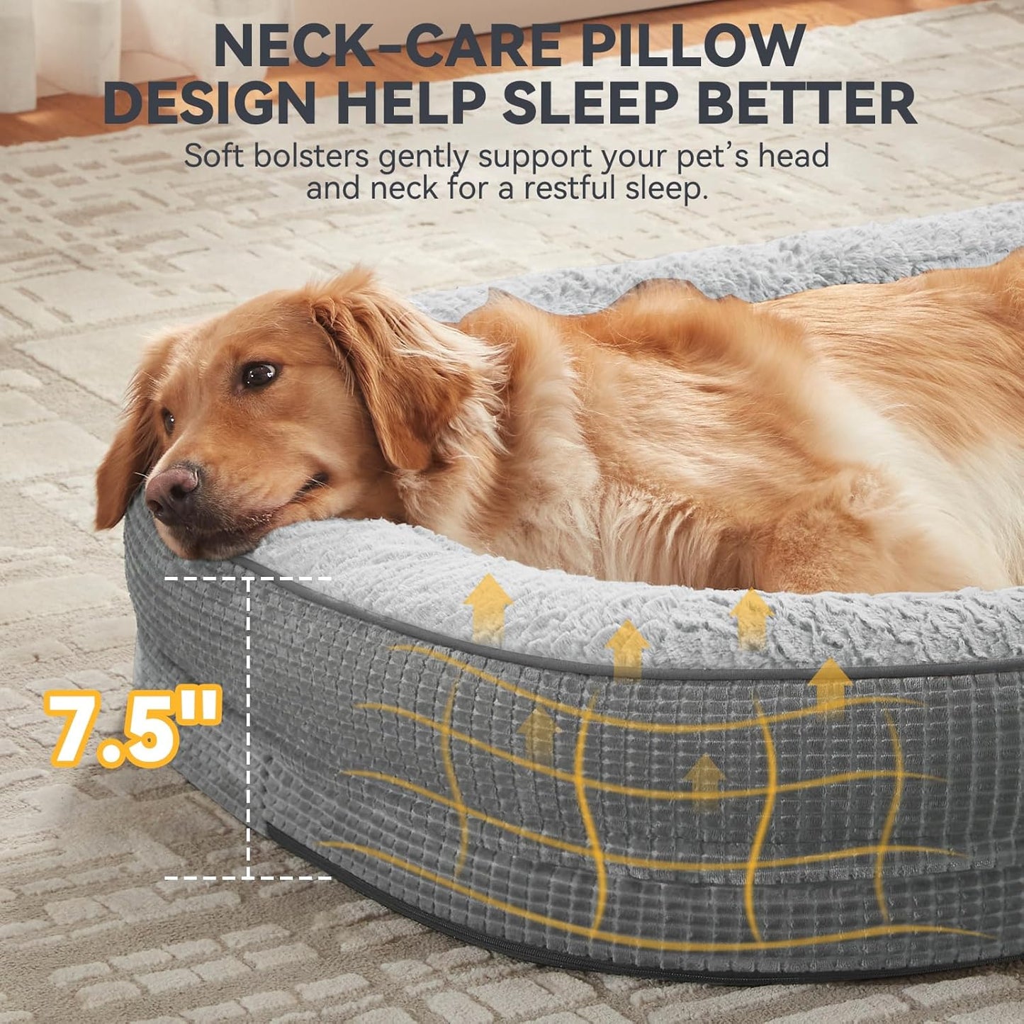 JOEJOY Orthopedic Dog Bed for Extra Large Dogs, Egg-Crate Memory Foam Pet Bed with Bolster Sides, Waterproof Lining, Removable Washable Cover & Non-Slip Bottom, Light Grey