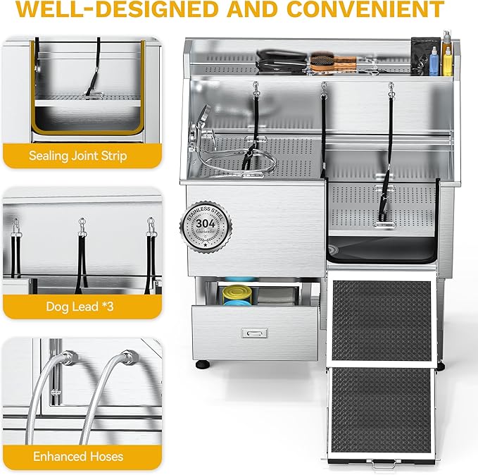DWVO Professional Dog Bathing Station Stainless Steel 304 Dog Bathtub 50in for Grooming w/Left Door Ramp, 2 Storage Drawers, Faucet, Grate, Pet Washing Station for Large, Medium, Small Pets