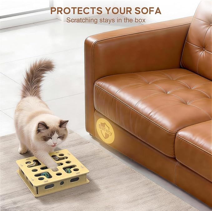 Cat Nail File Box with 2 Sandpaper Pads & 4 Bell Balls, Sturdy Wood Self-Grooming Scratcher for Treat-Motivated Cats, Interactive Cat Scratch Puzzle Enrichment Box with Silicone Security Rings