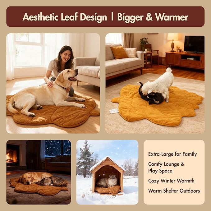 Extra Large Dog Heating Pad Waterproof Electric Heated Cat Beds for Indoor Outdoor, Adjustable Temperature, Washable Yellow Leaf Shaped Cat Heating Pad Non Slip Bottom(47"X36")