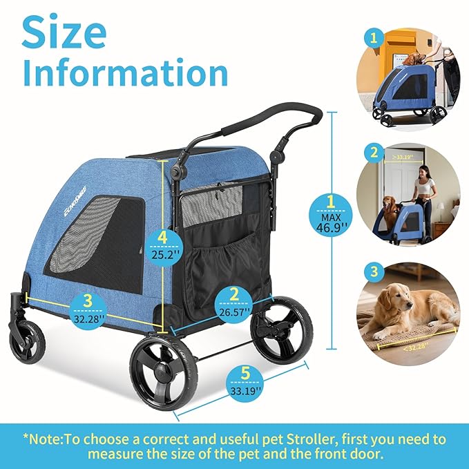 EchoSmile Heavy-Duty Large Dog Stroller with Shock-Absorbing Wheels, Foldable Pet Travel Carrier for Medium & Large Dogs, 5 Mesh Windows, 160 lbs Capacity, Easy Assembly & Storage