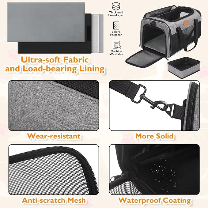 PETUX Pet Carrier Airline Approved, 17"x11"x9.5" Cat Carrier Soft with Anti-Scratch Mesh for Small Cats up to 12 lb, Top Open Portable Dog Carriers with Little Box for Puppy up to 10 lb (Grey)