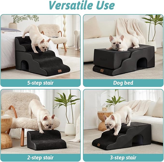 Extra Wide Dog Stairs with Tunnel, Detachable Large Pet Step for Small Medium Dog, Puppy or Cat, Ramp for High Bed, Couch, Sofa or Car, Stable, 19.7x33x22.4 inch, 5 Step, Black