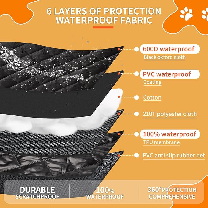 Dog Car Seat Cover - 100% Waterproof, Durable 600D 6-Layer Scratchproof Nonslip Pet Seat Cover with Mesh Window for Car, Truck & SUV (60"x64") - Hi, Black