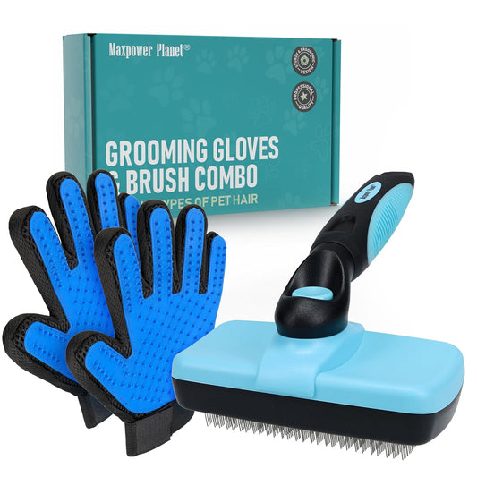 Maxpower Planet Pet Grooming Brush - Double Sided Shedding and Dematting Undercoat Rake Comb for Dogs and Cats,Extra Wide (C1 - Brush & Gloves, Large)