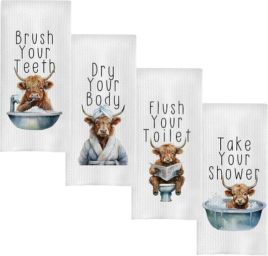 Funny Western Cow Bathroom Hand Towels Set of 4, Funny Western Cow Decorative Hand Towels for Bathroom Decor, 16x24 Inches