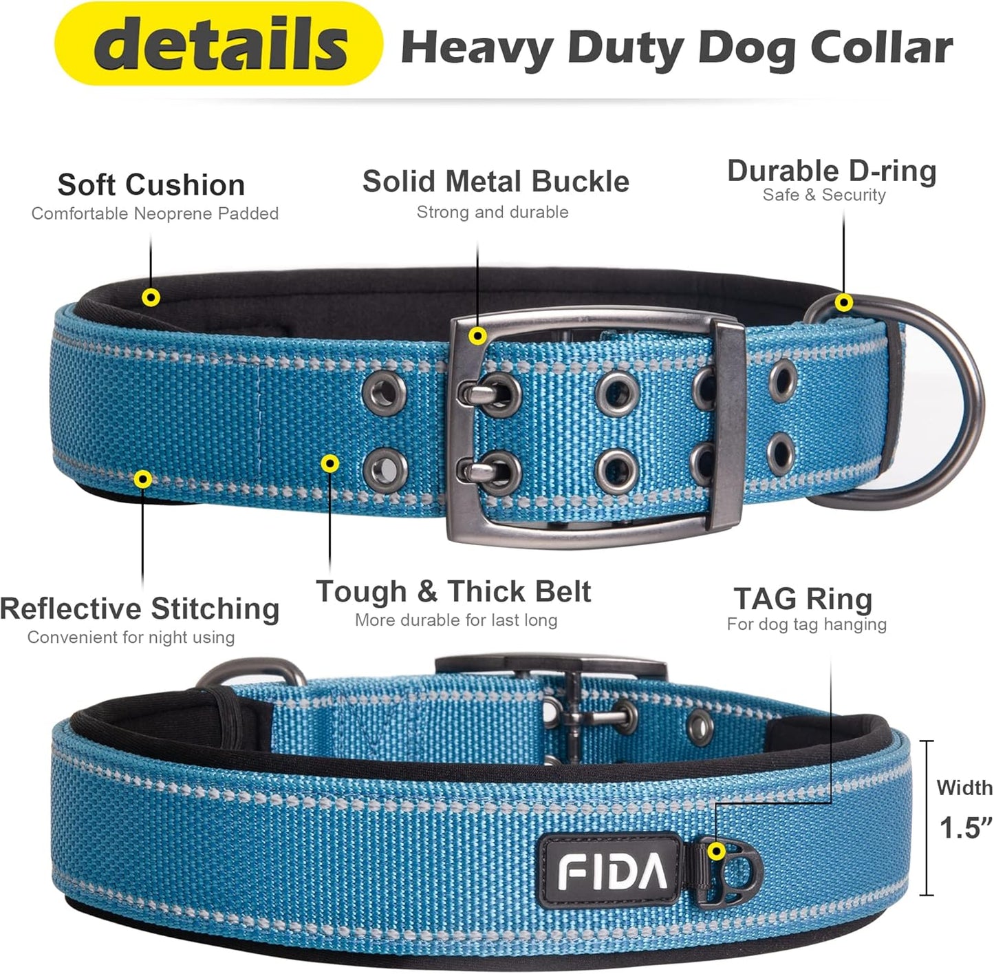 Fida Heavy Duty Dog Collar 1.5” Width, Ultra Soft Neoprene Padded, Adjustable Reflective Nylon Pet Collar with Two Metal Pin Belt Buckle for Extra-Large Breeds (XL, Blue)