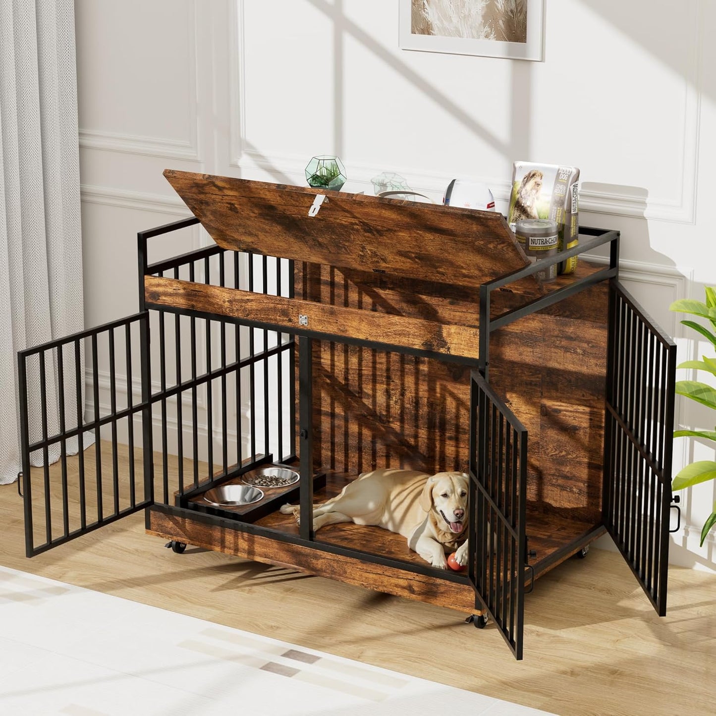 45 Inch Dog Crate Furniture for Large Dog with 2 Stainless Steel Bowls, Large Wooden Dog Crate Table, XL Heavy Duty Dog Kennel Indoor, for Decorate House As TV Stand, End Table