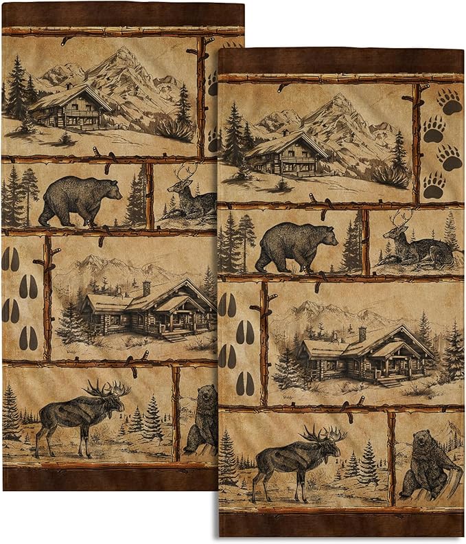 Giwawa Vintage Bear Deer Hand Towels Set of 2 Forest Cabin Face Bath Fingertip Towel Soft Absorbent Dish Wash Cloth Kitchen Bathroom Home Decor