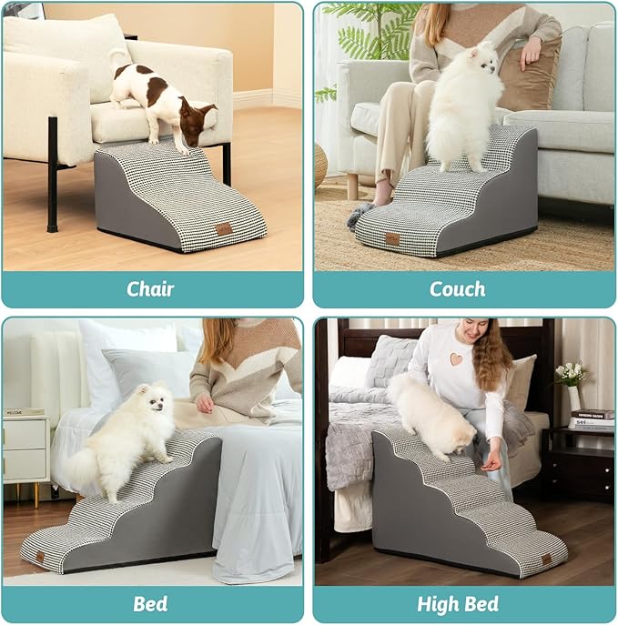 Dog Stairs for Small Dogs 19.7" H, Curved Dog Step for Puppy, Older or Cat, Medium Pet Ramp for Sofa, Couch or Bed, Ladder with High Density Foam, 15.7x28.3x19.7 inch, 4 Step, White Black